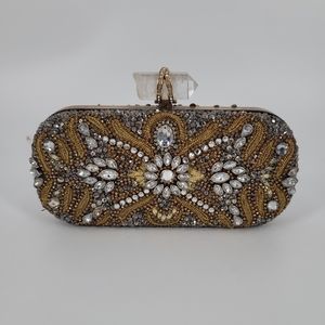 Marchesa Crystal Embellished Gold Evening Clutch with Strap and Dustbag